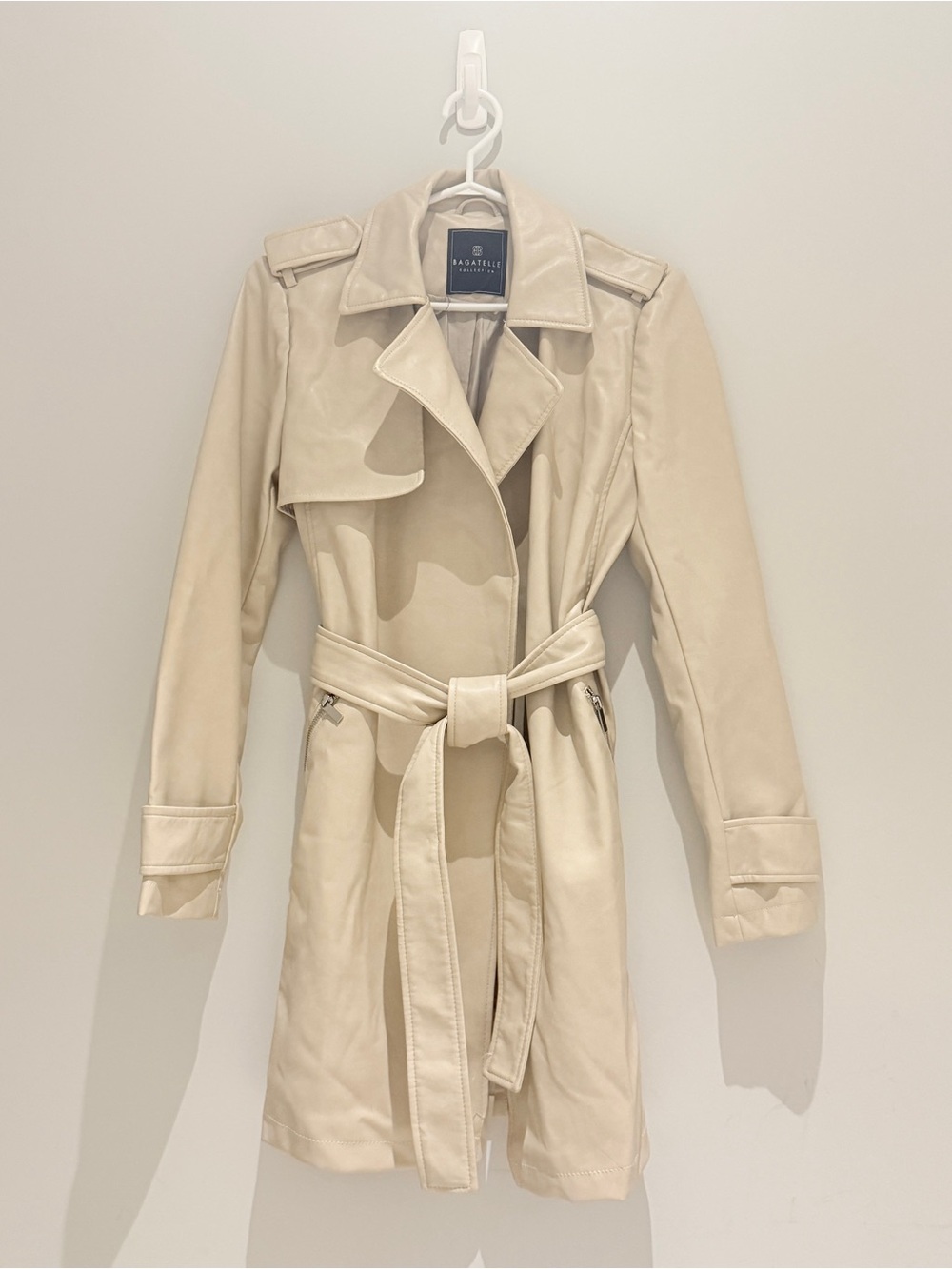 Bagatelle Collection Ivory Cream Faux Leather Belted Trench Coat Women’s XS